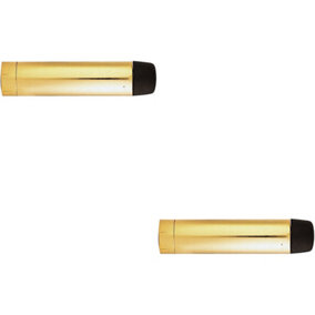 2x Wall Mounted Rubber Tipped Doorstop Cylinder 71 x 16mm Polished Brass