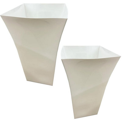 2x White Tall Milano Shiny Gloss Finish Plastic Flower Planters For Home & Gardens