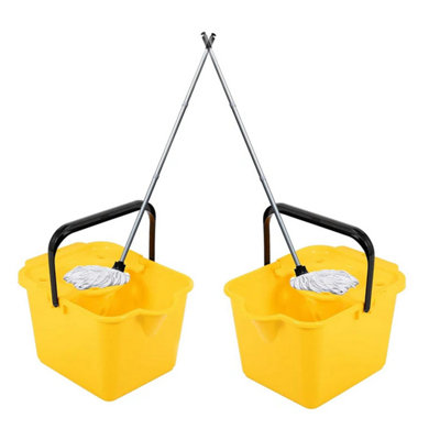 2x Yellow 12 Litre Cotton Mop & Bucket Hard Floor Cleaning Set With Wringer & Pouring Lip