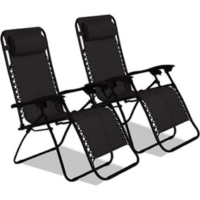 2x Zero Gravity Reclining Garden Chairs With Cup And Phone Holder, Outdoor Folding Sun loungers -  Black