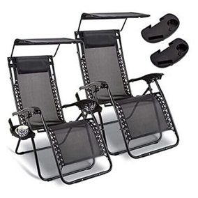 2x Zero Gravity Sun Loungers With Canopy & Drinks Holders