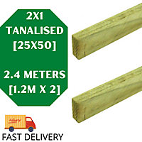 2x1 - 25X50 - Treated Tanalised Timber Batten Lengths - 1.2m x 2 Total 2.4 Meters