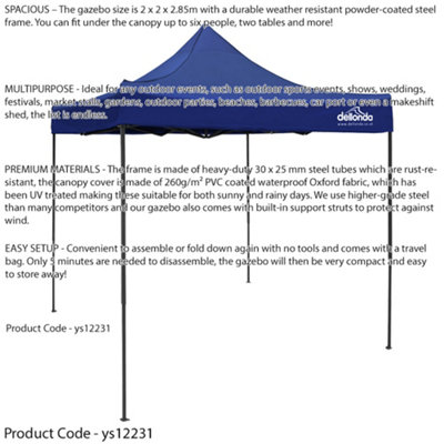 2x2m Pop-Up Gazebo - BLUE Heavy Duty Frame & Water Resistant - Garden Pavillion