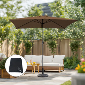 2x3M Rectangular Coffee Garden Parasol Crank Tilt Umbrella  w/ Base Cover