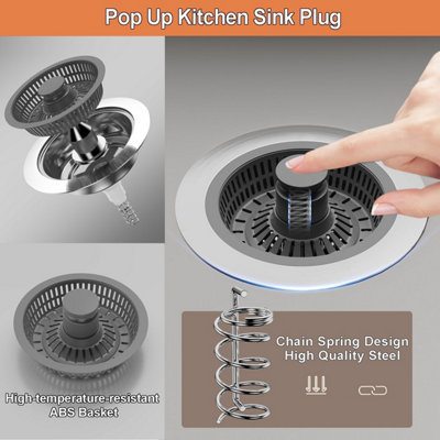 Tapón Pop-up Para Fregadero De Cocina – 3 En 1, Ajustable Para Agujeros De 75-86 Mm