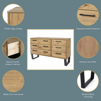 3+3 drawer wide chest of drawers, Antique pine finish