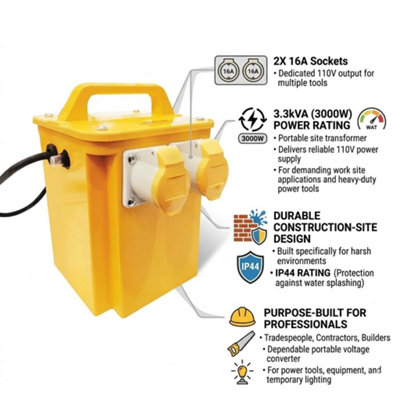 3.3kVA Portable Site Transformer, 110V, 3000W, IP44 Rated, 2X16A ...