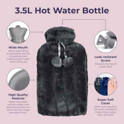 3.5L Large Hot Water Bottle - Grey Soft Covered Hot Water Bottle, XXL 1 Pack Hot Water Bag with Faux Fur Cover - Wonderful