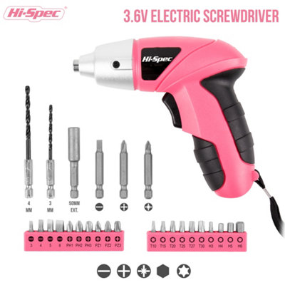 3.6V Pink Compact Electric Power Screwdriver & Driver Bit Set 27 Pc