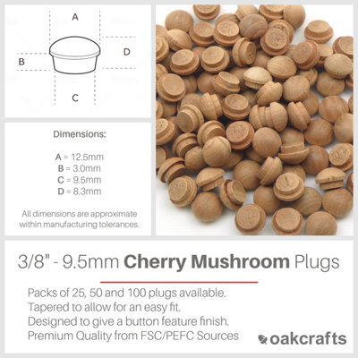 3/8" - 9.5mm Cherry Mushroom Plug - Pack of 25