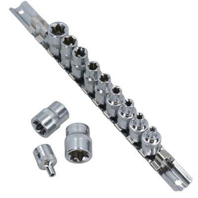 3/8" Drive Female Torx Star E Shallow Sockets E4 - E20 12pc Set On A Rail