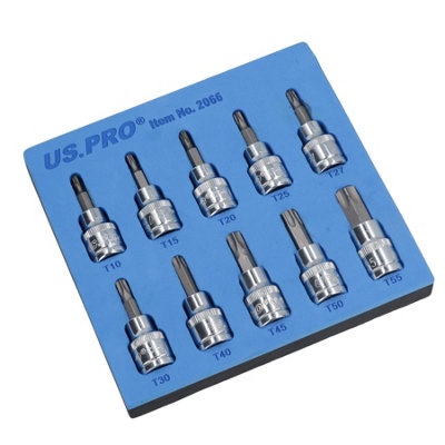 3/8" Drive Shallow Male Torx Star Bit Sockets T10 - T55 10pc