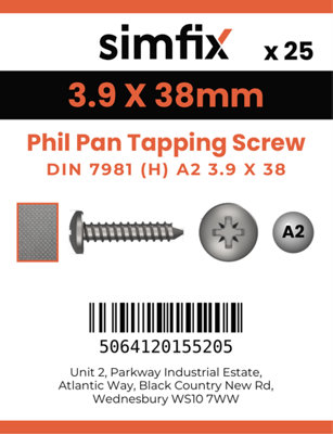 3.9 X 38 Phil Pan Tapping Screw 25 Pack DIN 7981-C A2 Stainless Steel