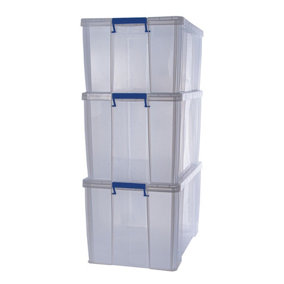 3 BANKERS BOX 1 x 70L 2 x 85L Clear Plastic Storage Box with Lid Super Strong Plastic Boxes
