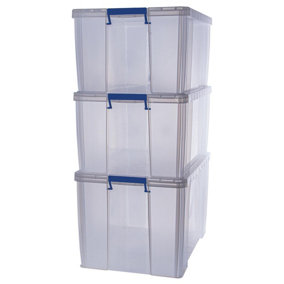 3 BANKERS BOX 2 x 70L, 1 x 85L Clear Plastic Storage Box with Lid - Super Strong Plastic Boxes