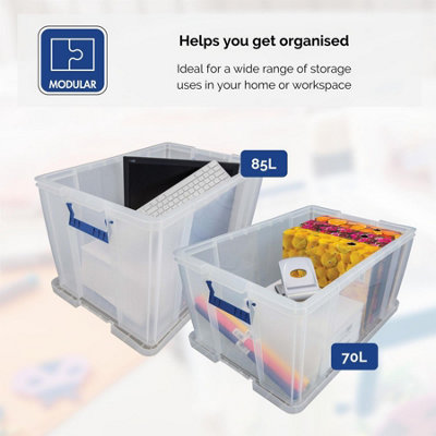 3 BANKERS BOX 2 x 70L 1 x 85L Clear Plastic Storage Box with Lid Super Strong Plastic Boxes