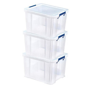 3 BANKERS BOX 36L Clear Plastic Storage Box with Lid - Super Strong Plastic Box 30 x 37 x 31cm - Pack of 3