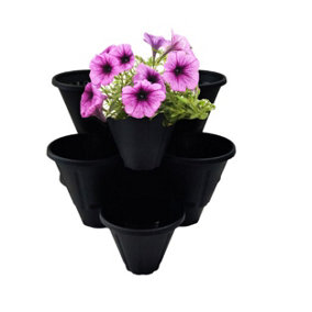 3 Black Strawberry Trio Planter Flower Pot Stackable Plastic Patio Herb Planter
