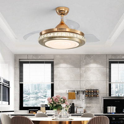3 Blade Gold Round Crystal Diammable Ceiling Fan Light with Remote ...