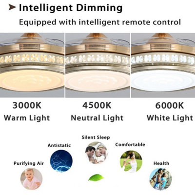 3 Blade Gold Round Crystal Diammable Ceiling Fan Light with Remote Control