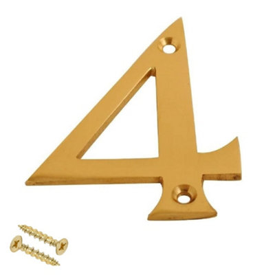 3" Brass Door Number 4 Polished Brass Effect Front Door Numeral with Screws Easy to Fit on Any Exterior Door