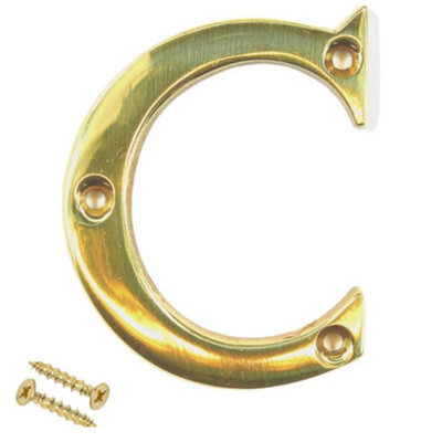 3" Brass House Letter C Polished Screw On Front Door Letter Weather Resistant Fit for External Wooden or Composite Doors