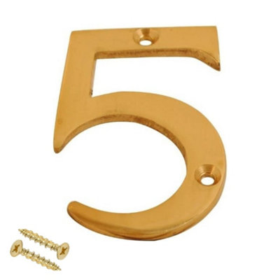 3" Brass House Number 5 Screw On Weatherproof Door Numeral Polished Finish for Front, Gate or Shed Doors