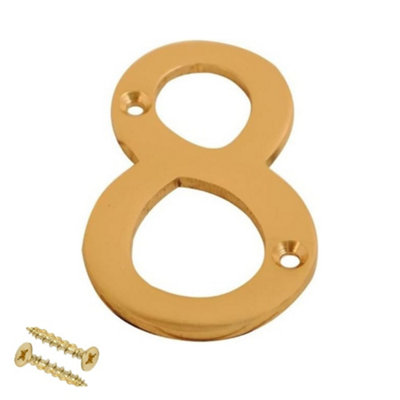 3" Brass House Number 8 Screw On Polished Brass Effect Numeral for Wooden, Composite or uPVC External Doors
