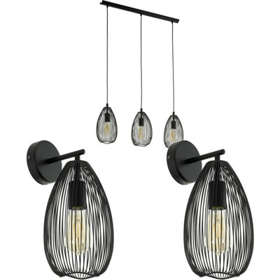 3 Bulb Ceiling Pendant & 2x Matching Wall Lights Black Wire Cage Shade ...