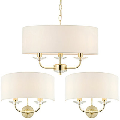 3 Bulb Ceiling Pendant Lamp & 2x Matching Twin Wall Light Modern Brass Plate
