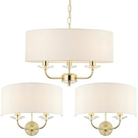 3 Bulb Ceiling Pendant Lamp & 2x Matching Twin Wall Light Modern Brass Plate
