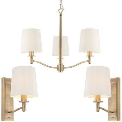 3 Bulb Ceiling Pendant Lamp & 2x Matching Wall Light Matt Antique Brass & Shade