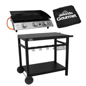 3 Burner Portable Gas Plancha 7.5kW BBQ Griddle Stainless Steel with Cover & Trolley - DG250