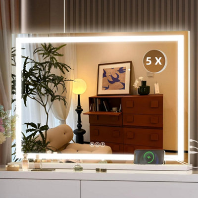 3 Color Dimmable Bluetooth Vanity Mirror with Lights, USB & Type-C Charging Port and 5X Magnification, 58cm x 48cm