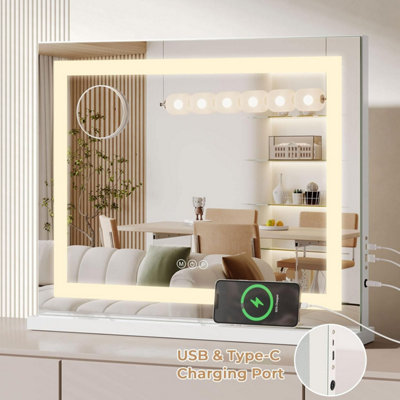 3 Color Dimmable Bluetooth Vanity Mirror with Lights, USB & Type-C Charging Port and 5X Magnification, 58cm x 48cm