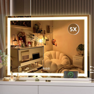3 Color Dimmable Bluetooth Vanity Mirror with Lights, USB & Type-C Charging Port and 5X Magnification, 58cm x 48cm