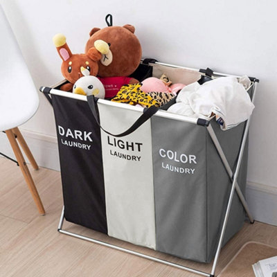 3 Compartments Foldable Laundry Basket with Aluminum Frame and Handle, Easy to Store
