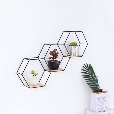 3 Compartments Modern Hexagon Wall Shelf with Iron Frame