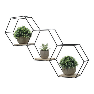 3 Compartments Modern Hexagon Wall Shelf with Iron Frame