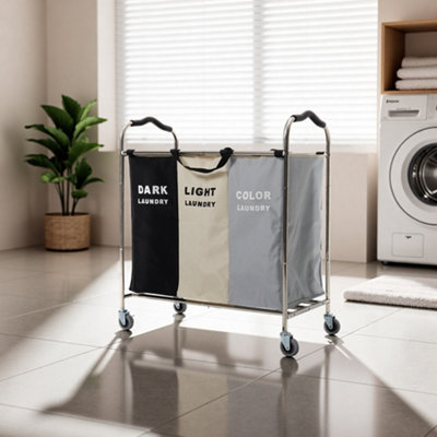 3 Compartments Movable Oxford Cloth Laundry Basket with Handle and Brakes