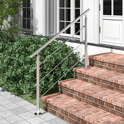 3 Crossbars Silver Floor Mount Stainless Steel Stair Railing Handrail for Outdoor Slopes and Stairs 150cm W x 110cm H
