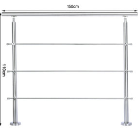3 Crossbars Silver Floor Mount Stainless Steel Stair Railing Handrail for Outdoor Slopes and Stairs 150cm W x 110cm H