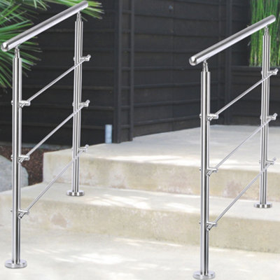 3 Crossbars Silver Floor Mount Stainless Steel Stair Railing Handrail ...