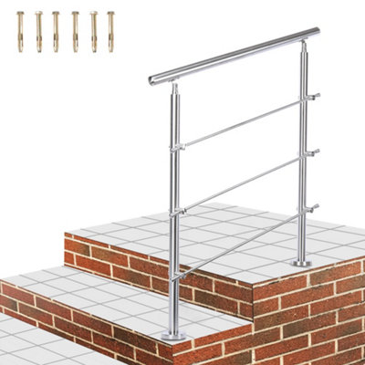 3 Crossbars Silver Floor Mount Stainless Steel Stair Railing Handrail for Outdoor Steps 60cm W x 110cm H