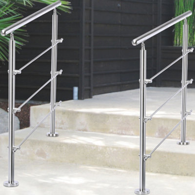3 Crossbars Silver Floor Mount Stainless Steel Stair Railing Handrail for Slopes and Stairs 120cm W x 110cm H