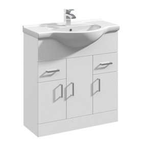 3 Door 2 Drawer Vanity Basin Unit with Round Basin - 750mm - Gloss White