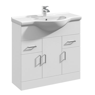 3 Door 2 Drawer Vanity Basin Unit with Round Basin - 850mm - Gloss White