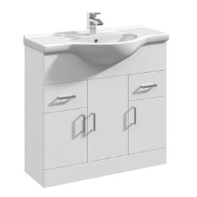 3 Door 2 Drawer Vanity Basin Unit with Round Basin - 850mm - Gloss White