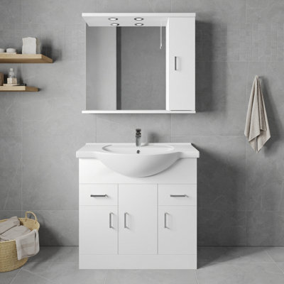 3 Door 2 Drawer Vanity Basin Unit with Round Basin - 850mm - Gloss White