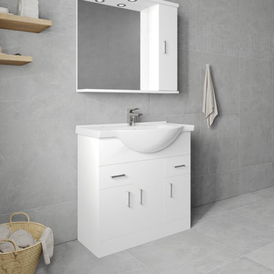 3 Door 2 Drawer Vanity Basin Unit with Round Basin - 850mm - Gloss White